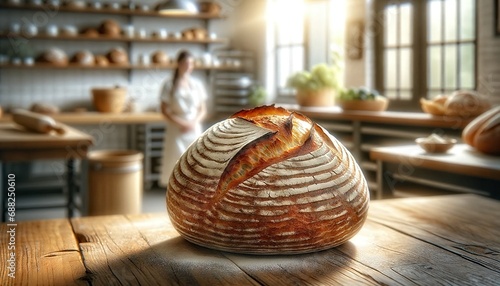 Close-up of crusty golden sourdough boule with bakery in the background generative AI photo