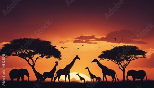 African sunset with silhouettes of wild animals  