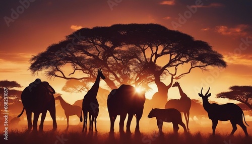 African sunset with silhouettes of wild animals  