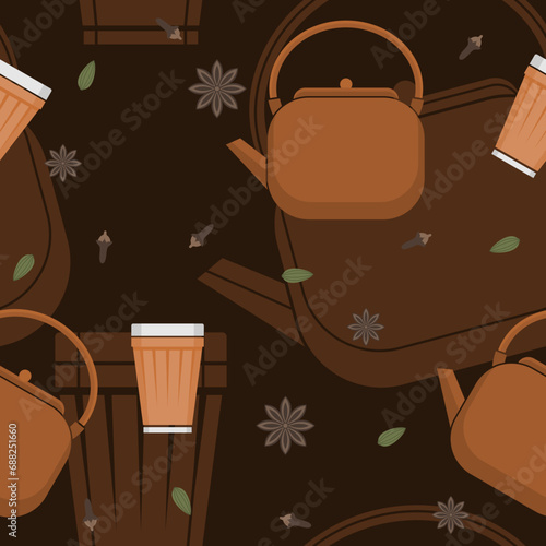 Editable Side View Indian Masala Chai in Kettle and Glass Mug With Assorted Herb Spices Vector Illustration Seamless Pattern With Dark Background for South Asian Beverages Culture and Tradition
