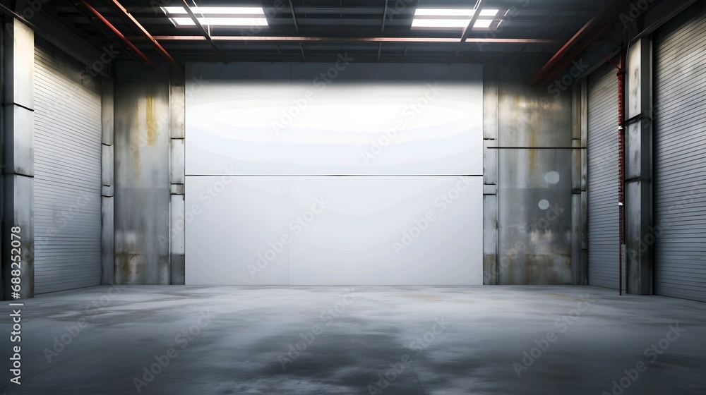 Modern empty industrial warehouse interior with closed shutter door and LED lighting.