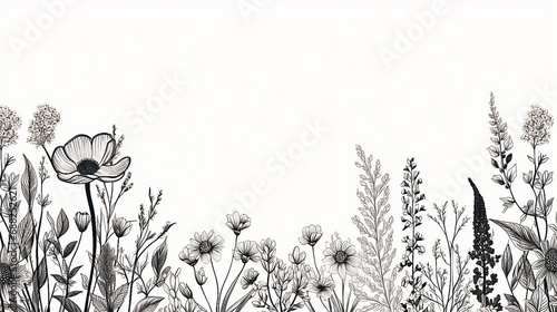 Collection of flowers and grasses drawn with black lines with copy space.