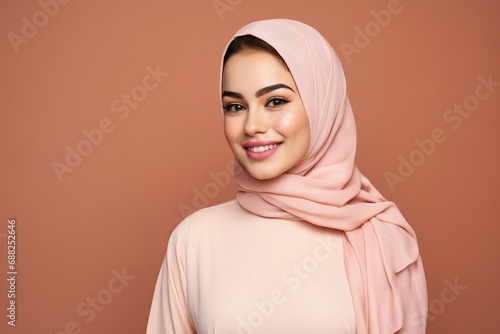 beautiful Young arab woman smiling, wearing cheongsam, one color background, copy space, generative ai