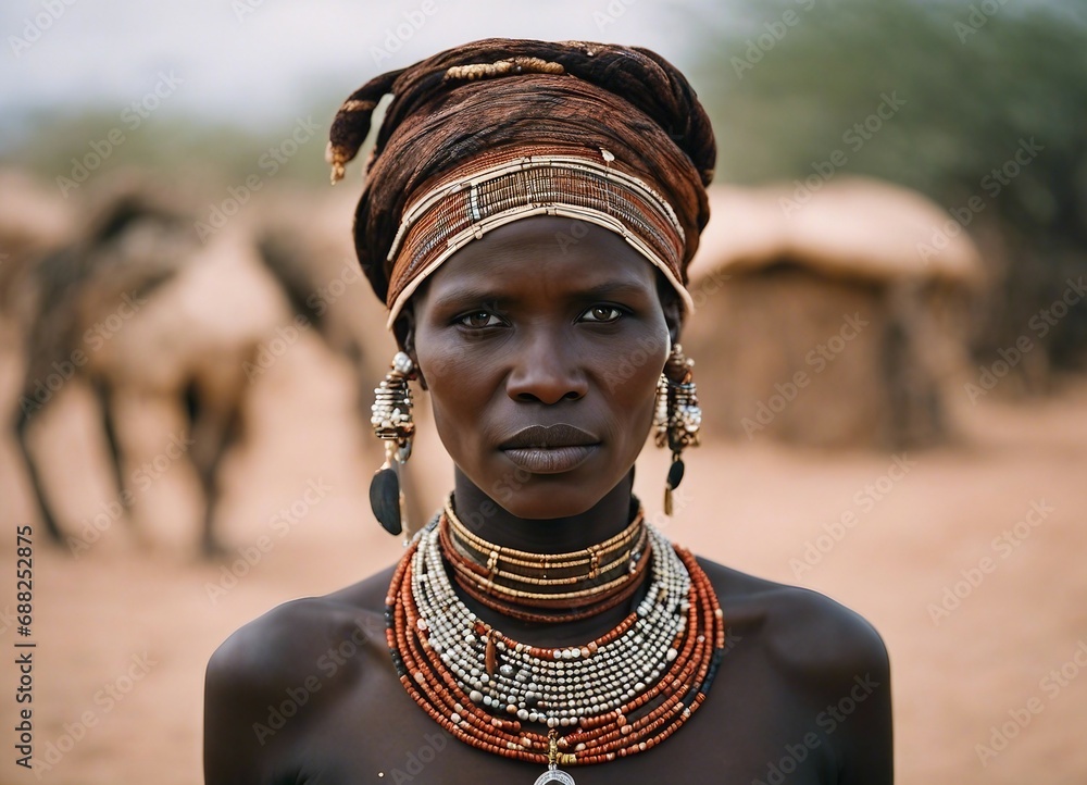 Portrait of Turkana woman in traditional clothes
Portrait of Turkana woman in traditional clothes