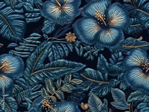 Seamless tropical floral embroidery fabric pattern design. Generative ai
