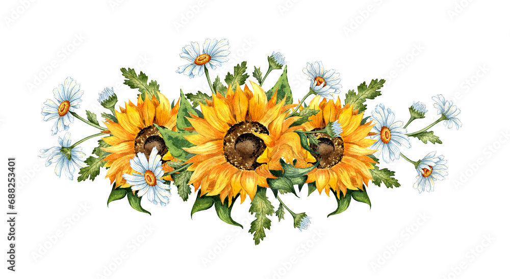 Naklejka premium Watercolor illustration of a wreath border of yellow sunflowers and white daisies. Harvest Festival. The border is isolated. Compositions for posters, cards, banners, flyers, covers, placards.