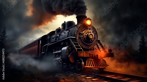 A classic locomotive on the move, its exhaust creating a captivating smoky effect.