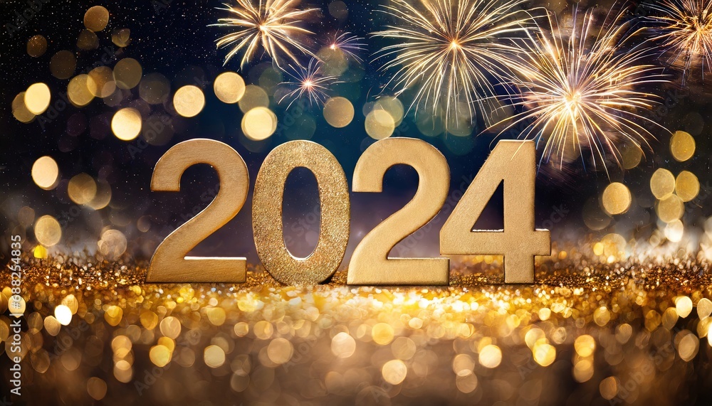 2024 New Years in gold lettering with fireworks and glitter 2024 New Years in gold lettering with fireworks and glitter