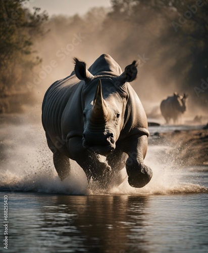 Rhino swims across the river at nature  