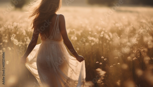 Young woman in light summer dress walking in the field at sunset.