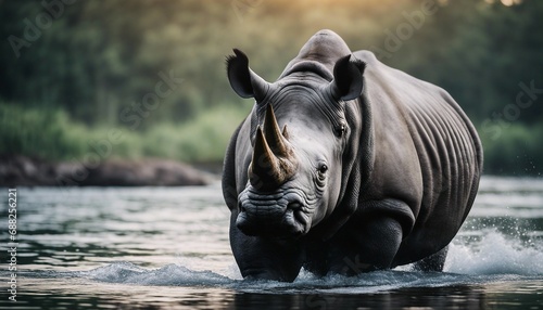 Rhino swims across the river
