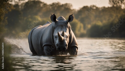 Rhino swims across the river