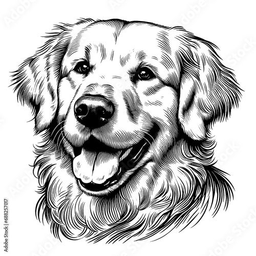 Happy Golden Retriever portrait. Hand Drawn Pen and Ink. Vector Isolated in White. Engraving vintage style illustration for print, tattoo, t-shirt, sticker