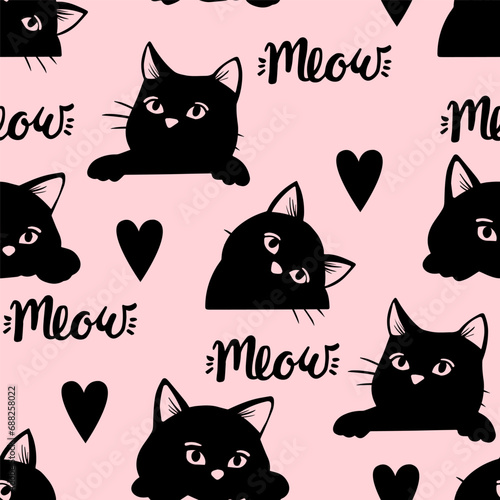 Fototapeta Naklejka Na Ścianę i Meble -  Seamless pattern with black silhouette cats and hearts. Cute texture background. Wallpaper for girls. Fashion style