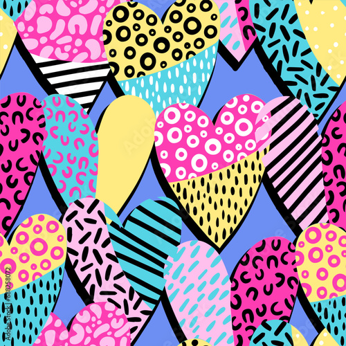 Cute pattern with hearts. Texture background. Wallpaper for teenager girls. Fashion pop art style 80-90