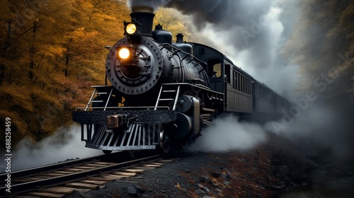 A historic train engine making its way along the rails, casting a smoky veil.