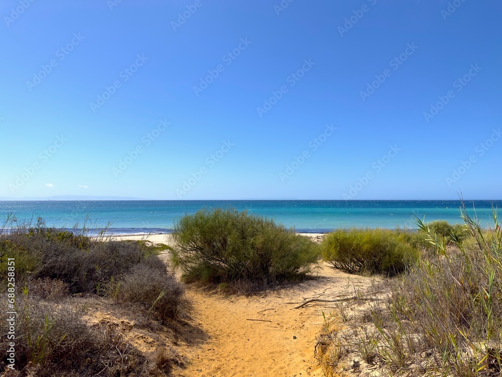 beach access and coast between Tarifa and Valdevaqueros with a view towards the Atlantic Ocean, Costa de la Luz, Andalusia, Spain