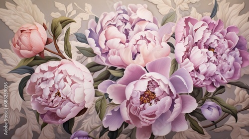 A mesmerizing composition featuring a cluster of pastel pink peonies  nestled within the elegant designs of Marquetry  with hints of white and purple for added contrast.