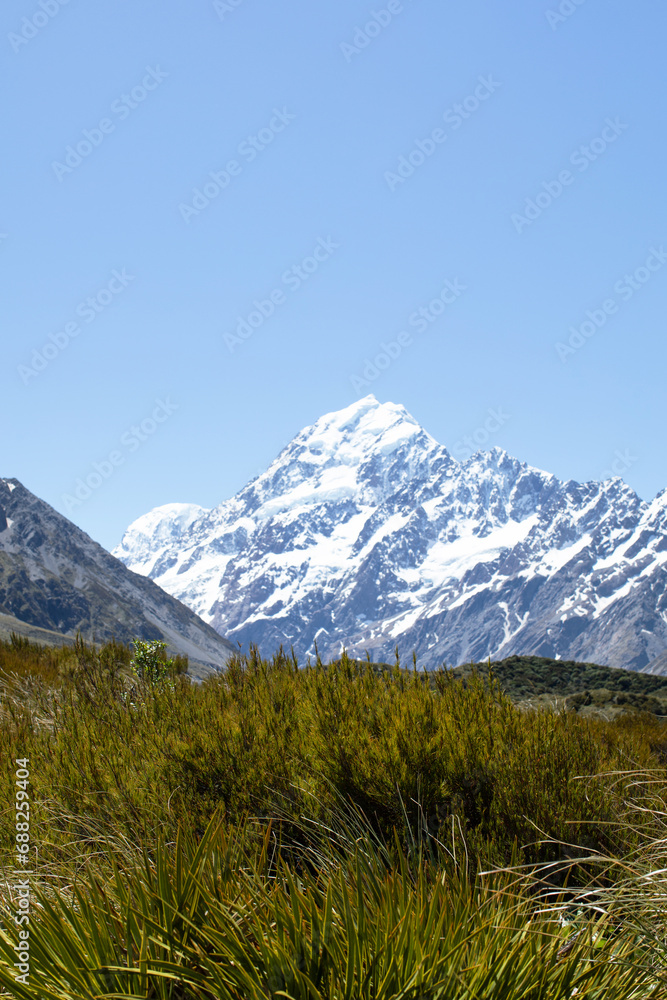 Fototapeta premium Landscape of a snowy mountain. Aoraki, Mount Cook National Park on New Zealand