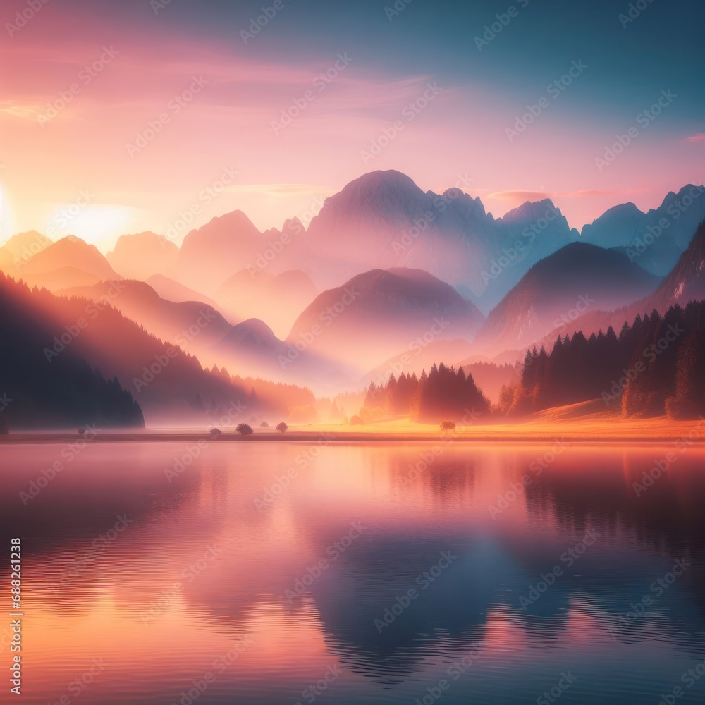 peaceful landscape, showing a dreamlike capture of the beauty of mountains, lake with calm and serenity, pink, blue and yellow color, Peaceful, landscapes concept, generative ai