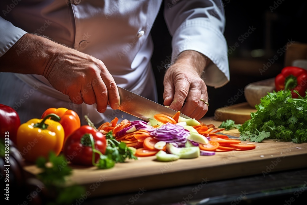 Chef slicing fresh vegetables on a wooden board in a restaurant kitchen