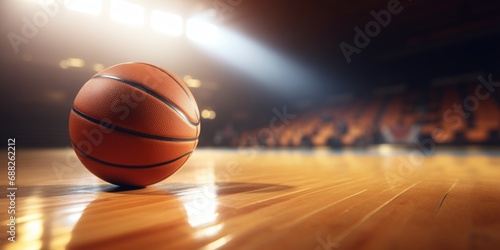 Basketball on wooden floor with dramatic lighting in empty gym photo