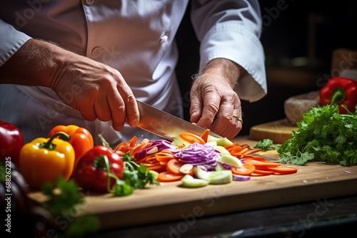 Chef slicing fresh vegetables on a wooden board in a restaurant kitchen