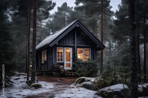 Cozy wooden cabin in a pine forest during winter twilight © Jan