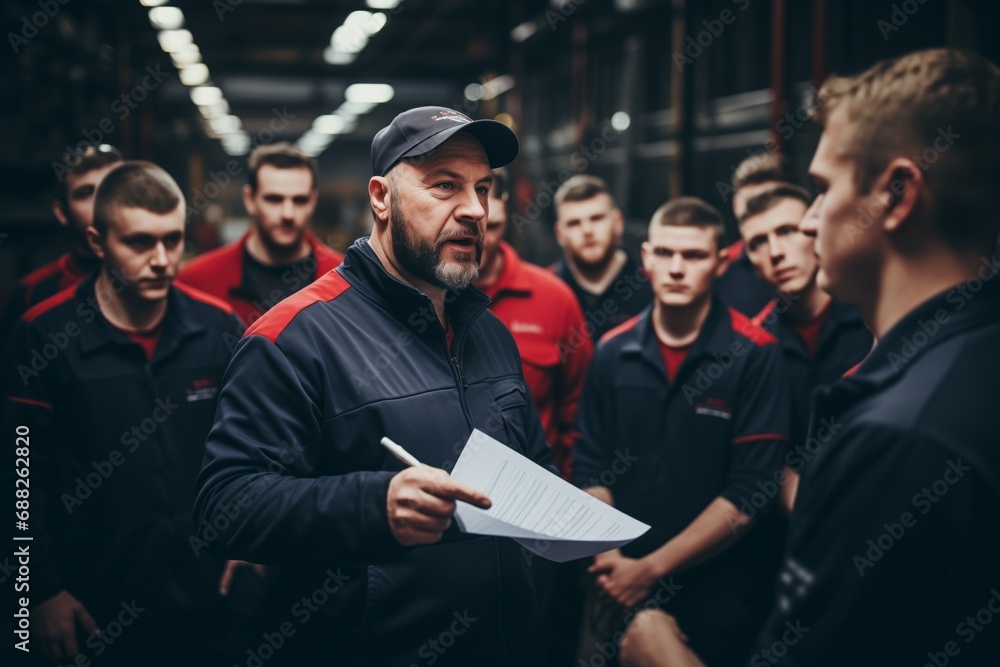 Foreman briefing workers on a strategy in a logistics warehouse - obrazy, fototapety, plakaty 