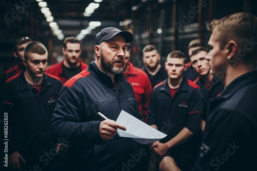 Foreman briefing workers on a strategy in a logistics warehouse