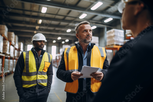 Logistics manager talking with employees in a warehouse