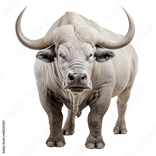 A majestic white bull with sharp  curving horns stands proudly amidst a sea of grazing cattle  its powerful snout exuding an air of untamed strength and grace