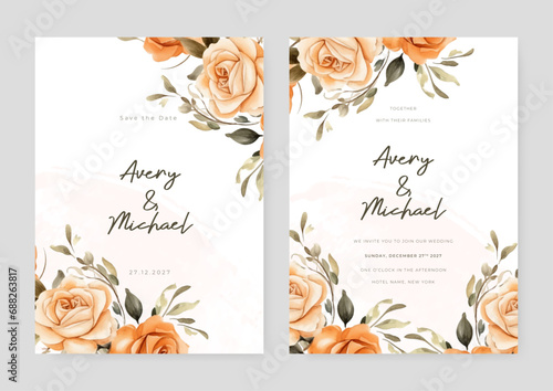 Beige and orange rose artistic wedding invitation card template set with flower decorations