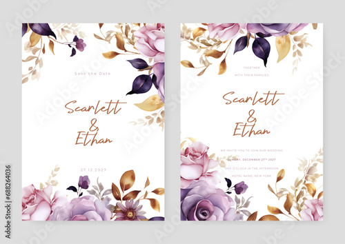 Purple violet rose vector wedding invitation card set template with flowers and leaves watercolor