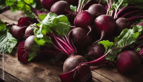 freshly picked organic beets from the field on the wooden surface. above view

 photo