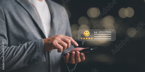 Customer Satisfaction Survey concept, 5-star satisfaction, service experience rating online application, customer evaluation product service quality, satisfaction feedback review, good quality most.