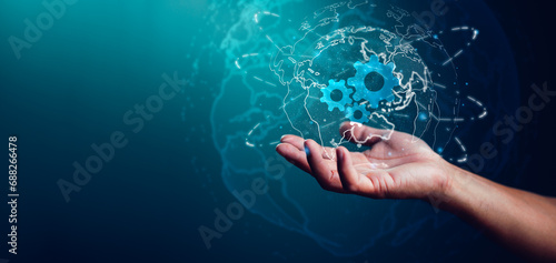 Hand holding Global network connection. Big data analytics and business intelligence concept. World map point and line composition concept of global business. Digital link tech. Internet technology.