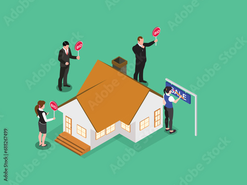 House for sale. Auction, group of various people holds bid signs isometric 3d vector concept