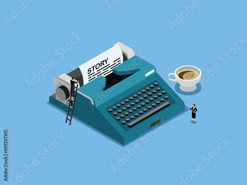 Narrative scene development with typewriter isometric 3d vector concept