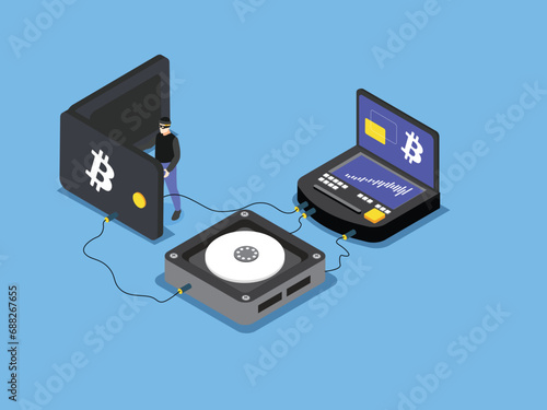 Hacker steals bitcoin from a cold wallet isometric 3d vector concept