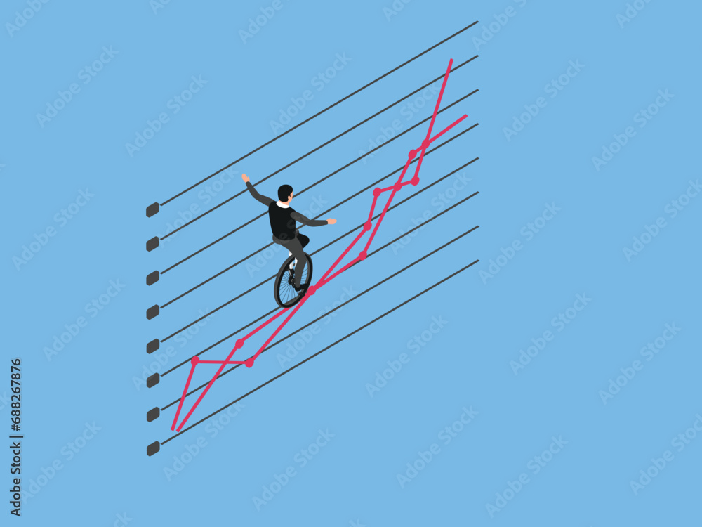 Manager balancing on unicycle trying to drive through business chart isometric 3d vector concept Manager balancing on unicycle trying to drive through business chart isometric 3d vector concept