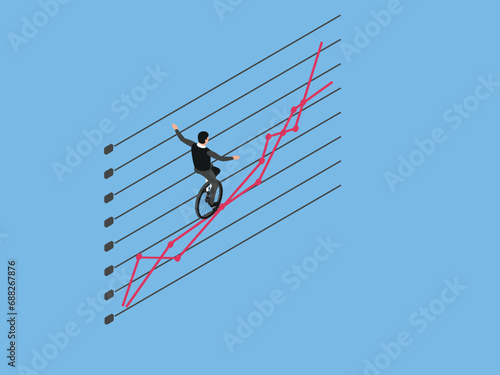 Manager balancing on unicycle trying to drive through business chart isometric 3d vector concept