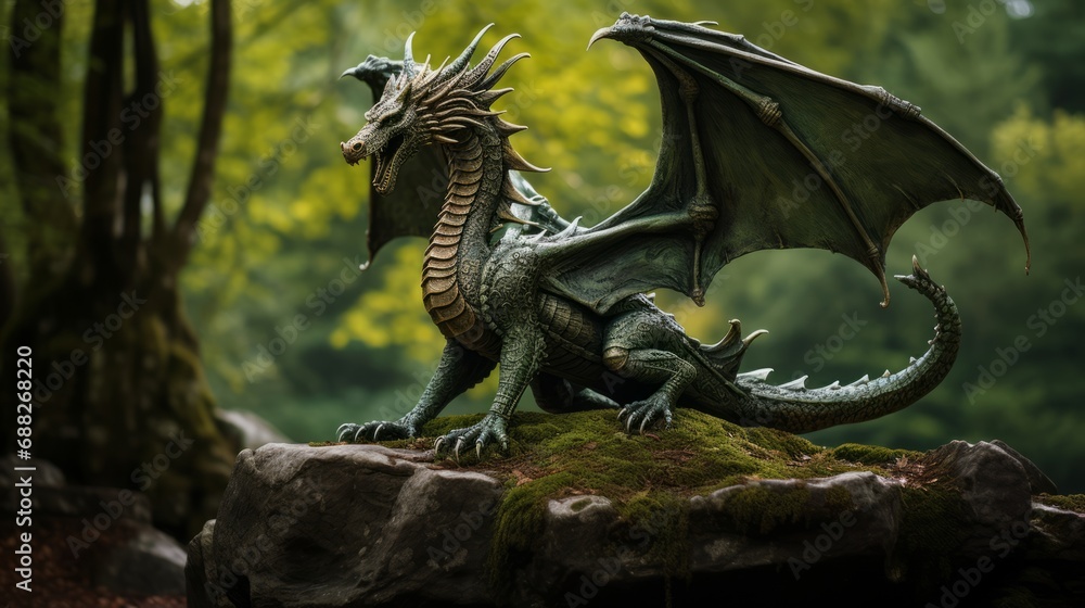 Obraz premium Green dragon in a fairy forest with copy space. Chinese New Year