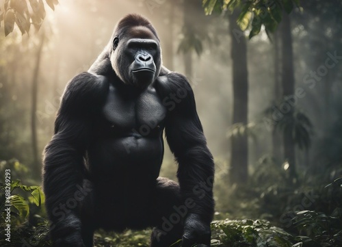 muscular male gorilla sitting at the jungle, foggy weather, sun is at back 