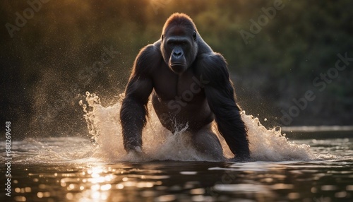 muscular male gorilla crossing the river, splashing and droplets, smoky weather, sunset 