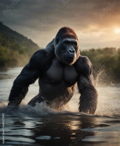 muscular male gorilla crossing the river  splashing and droplets  smoky weather  sunset 