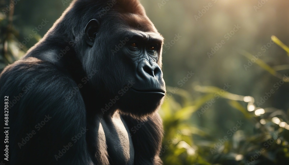 muscular male gorilla sitting at the jungle, foggy weather, sun is at back
