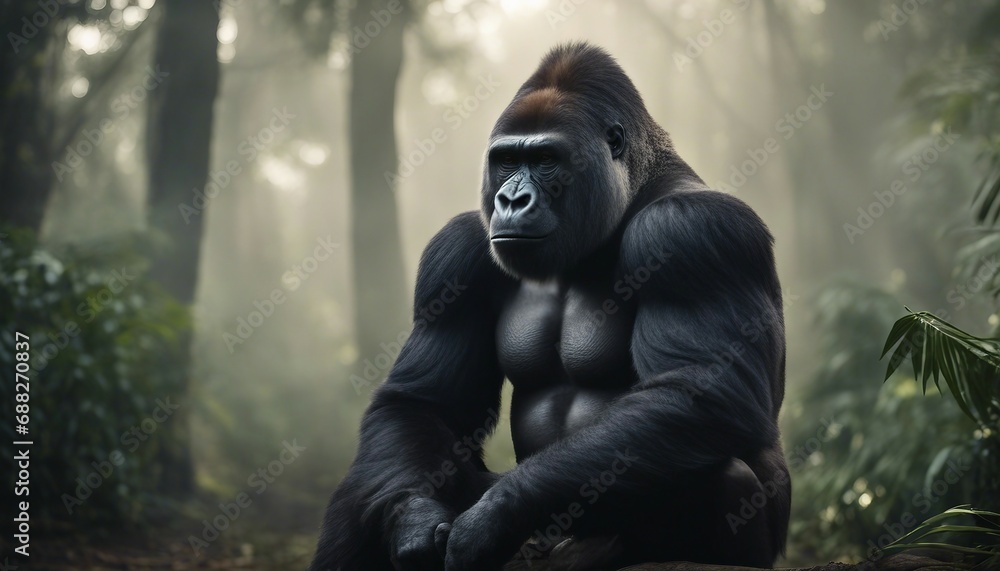 muscular male gorilla sitting at the jungle, foggy weather, sun is at back
muscular male gorilla sitting at the jungle, foggy weather, sun is at back