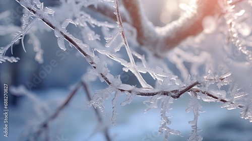 Ice crystals on the branches of a frozen tree