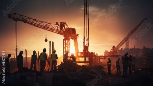 Building under construction, crane and building construction site on sunset daytime, industrial development photo